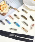 14 Piece Zipper Pull Replacement Kit With Seven Colors Alloy Rectangular Slider Heads For Purses Luggage Bags And Sewing Projects Durable Zipper Pulls For Quick Fixes And A Dope Gift displayed on table