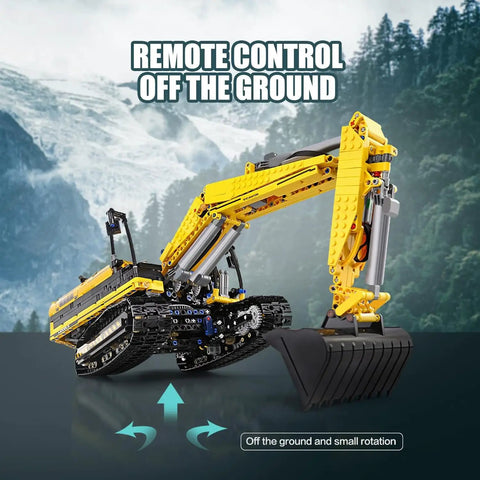 RC Excavator Building Set With 1830 Pieces, Remote Control Construction Vehicle Model in action with rotating shovel
