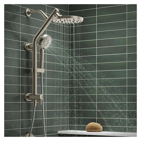 Next Level Three In One Shower System With Big Rain Head And Smooth Handheld Glide Rail Crisp Brushed Nickel Finish Five Custom Spray Modes High Efficiency 1 75 Gpm Flow For Modern Homes