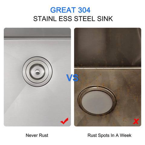 Comparison of Undermount Kitchen Sink 20 By 16 Inch In 304 Stainless Steel, Single Bowl Bar Sink With Brushed Nickel Finish showing rust durability