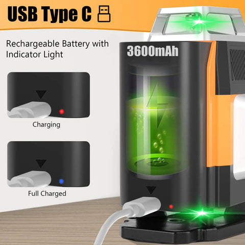 Green Laser Level Self Leveling Kit with 16 Laser Lines showing USB Type-C charging with 3600mAh battery and indicator light