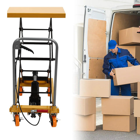 Heavy Duty Hydraulic Lift Table Cart With 330 Lb Capacity And 49 Inch Max Height Built Tough With Wear Resistant Steel Smooth Scissor Action And Roll Away Wheels For Daily Freight Moves And Workshop Chores