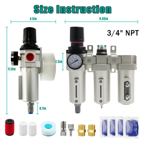 Heavy Duty Three Stage Air Dryer With Three Quarter Npt Connector For Industrial Compressors size instructions and accessories
