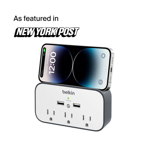 On-Wall Surge Protector Mount With Three Outlets And Two USB Ports, Handy Charging Station For Phone And Tablet, phone charging