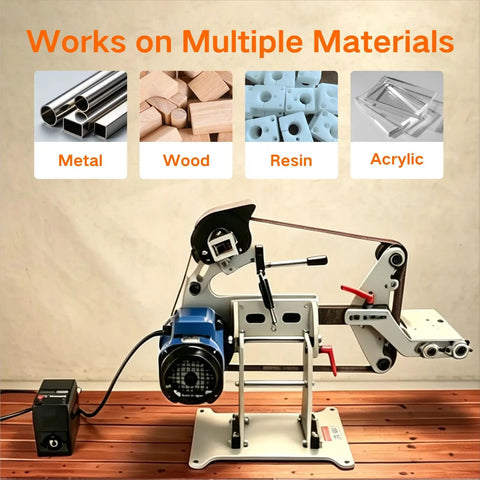 Heavy Duty Badass 2X72 Belt Grinder Sander Workbench with 1500W Pure Copper Motor, shown working on metal and wood materials.