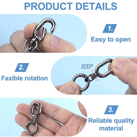 Heavy Duty Zinc Alloy Swivel Clip Locks Beefy Double Opening Snap Hooks For Bags Keys Lanyards shown with flexible rotation features.