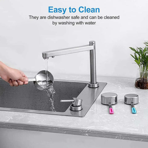 Stainless Steel Measuring Cups And Spoons Set 10 Piece For Cooking And Baking being washed in a kitchen sink, highlighting easy cleaning.