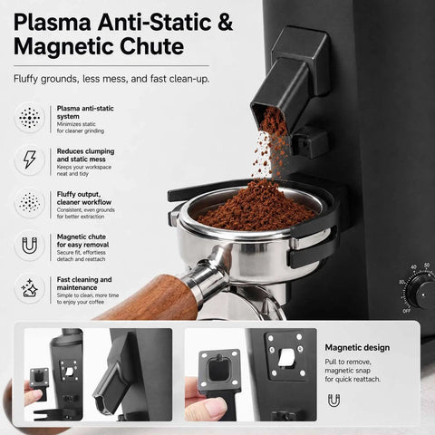 Magnetic Snap Off Single Dose Coffee Bean Grinder 550W Brushless Motor, showing anti-static chute with coffee grounds.