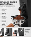 Plasma anti-static and magnetic chute demonstrating fluffy coffee grounds from the premium stepless electric coffee grinder.