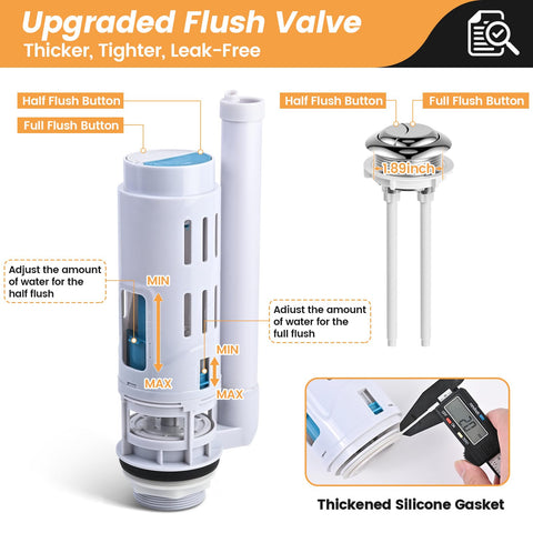 2 Inch Dual Flush Valve Replacement Kit For Two Piece Toilets With Push Button Fill Valve Gasket And Bolts display and components.