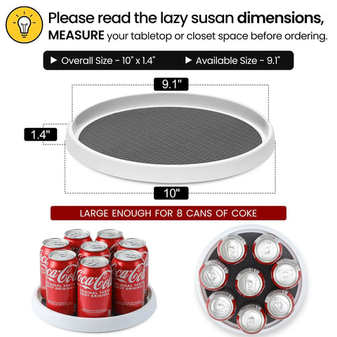 Four Pack 10 Inch Non Skid Lazy Susan Turntable Organizers For Cabinets Pantries Kitchen Fridge Vanity Under Sink And Spice Rack Storage Great For Grab And Go Organization And Easy Access In Any Space shown with soda cans displaying size.