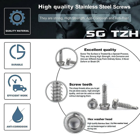 Top Sh*...* pack of stainless steel screws showcasing hex washer head and sharp screw teeth, 1/2 inch length, durable and anti-corrosion.
