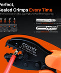 Pro Grade Solar Crimp Tool Kit with ratcheting pliers showing crimped AWG 8 and 10 cables for precise PV system wiring.