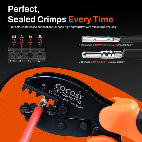 Pro Grade Solar Crimp Tool Kit with ratcheting pliers showing crimped AWG 8 and 10 cables for precise PV system wiring.