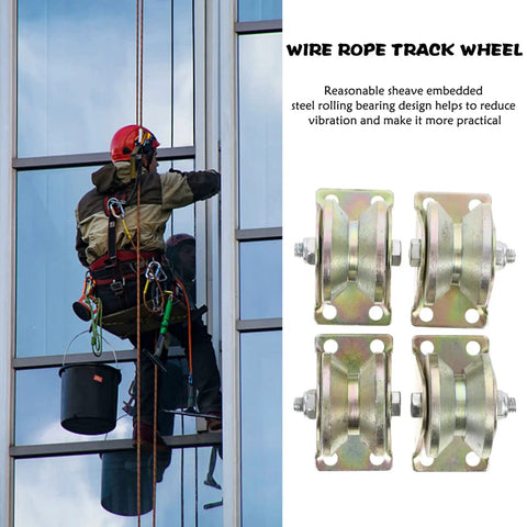 Four Piece Heavy Steel V Groove Caster Wheels For Sliding Gates And Store Doors With Precision Machined Pulley Block, installed in use.