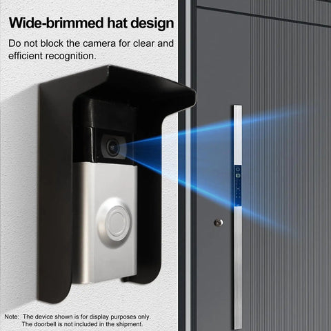 Outdoor Black Doorbell Anti-Glare Cover With Inward-Fold Sun Shade installed around a video doorbell, blocking sun glare.