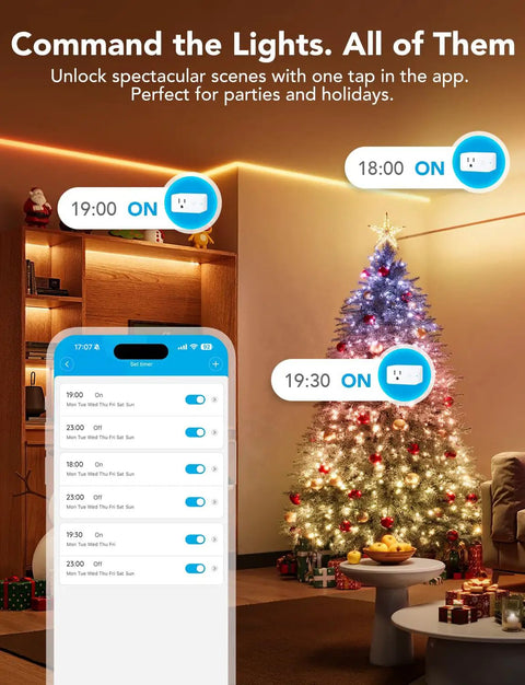 Real Time Energy Monitoring Smart Plug With WiFi And Bluetooth controlling Christmas tree lights via app, 15A outlet timer