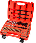 61-piece thread repair kit in red plastic case with taps, dies, thread files and pitch gauge for UNC, UNF and metric threads