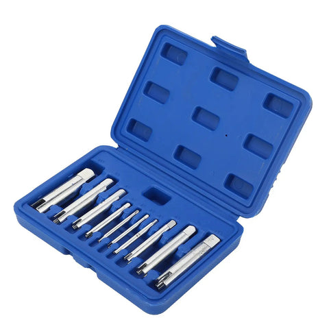 Rock Solid 10 Pcs Screw Tap Extractor Set Made From Quenched Alloy Steel For Easy Removal Of Broken And Stripped Bolts In Any Tough Repair Job With Sturdy Storage Case Included, blue case open