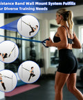 Woman using Built Tough Adjustable Resistance Band Wall Anchor Mount System for diverse gym workouts with visible techniques.