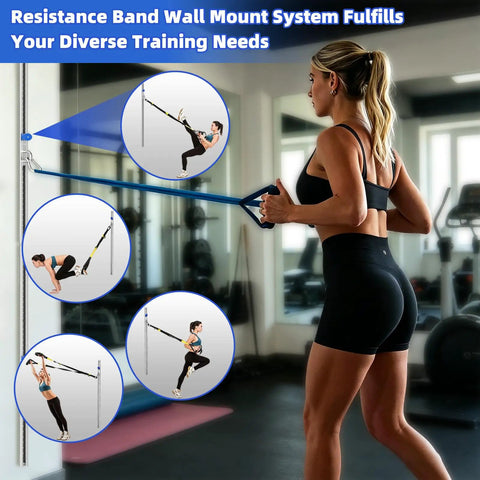 Woman using Built Tough Adjustable Resistance Band Wall Anchor Mount System for diverse gym workouts with visible techniques.