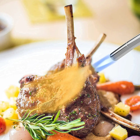 Propane Gas Welding Torch With Adjustable Webbed Flame searing meat, showcasing 360 Degree Rotating Tube in DIY culinary application