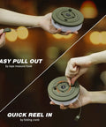 Person holding Rechargeable 32.8ft Camping String Light With Lamp Waterproof LED Hanging Light, showing easy pull and reel in features.