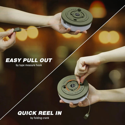 Person holding Rechargeable 32.8ft Camping String Light With Lamp Waterproof LED Hanging Light, showing easy pull and reel in features.