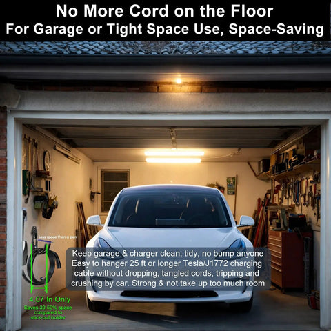 Heavy Duty EV Charging Cable Holder Wall Mount For Tight Garages With Wide J Hook holds Tesla J1772 cords off garage floor.