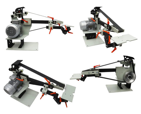 Professional Grade Variable Speed Belt Sander Bench Grinder with motor, adjustable arm, and three 72 inch belts for knife sharpening.