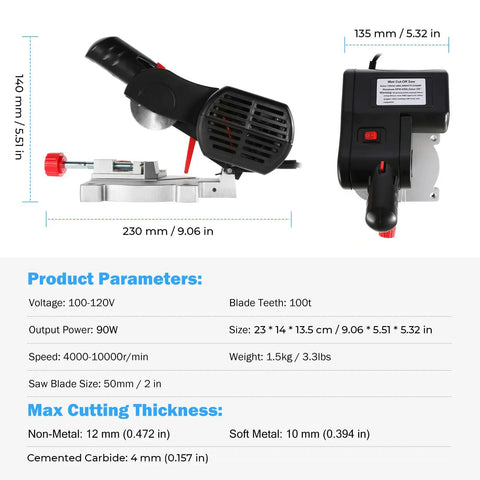 Compact Benchtop Miter Saw For Hobbyists And DIY Projects, Portable 9 By 5.5 By 5.3 Inch, dimensions and product parameters shown