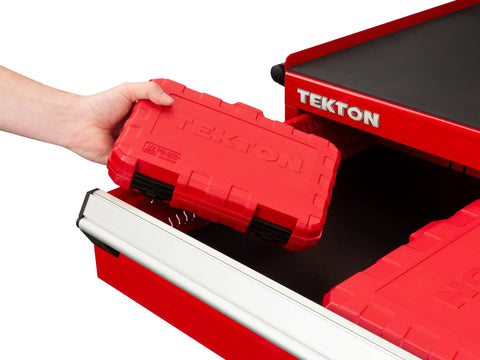 Hand holding red case for 1/2 Inch Drive Deep Impact Lug Nut Socket Set With Case Beefy Nine Piece Inch And Metric Deep Sockets