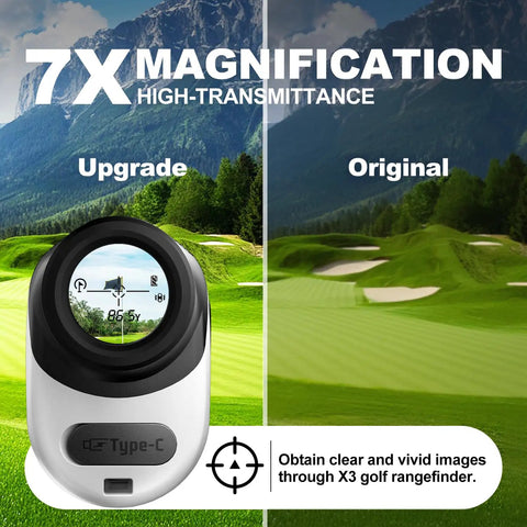 Dope Golf Rangefinder With Slope Compensation And Magnetic Mount, 7X Magnification lens comparison on golf course background