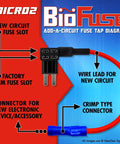 BioFuse 16 AWG Micro2 ATR Fuse Tap Kit With 30 Pc Automotive Car Fuses And Holders Includes Fifteen 5A Add Circuit Blade Fuses Plus Puller For Easy Wiring Jobs At Home Garage Projects Fuse tap diagram showing connections and components.