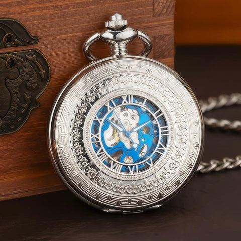 Vintage Skeleton Pocket Watch For Men With Chain Real Deal Mechanical Timepiece With Roman Numerals Silver Blue Case Elegant Engraved Cover Classic Antique Style For Everyday Wear