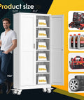 Heavy Duty 75 Inch Metal Garage Storage Cabinet On Wheels With Two Doors And Five Adjustable Shelves For Home Office Workshop And Warehouse White Easy Assembly displayed with open doors, showcasing storage capability and product dimensions.