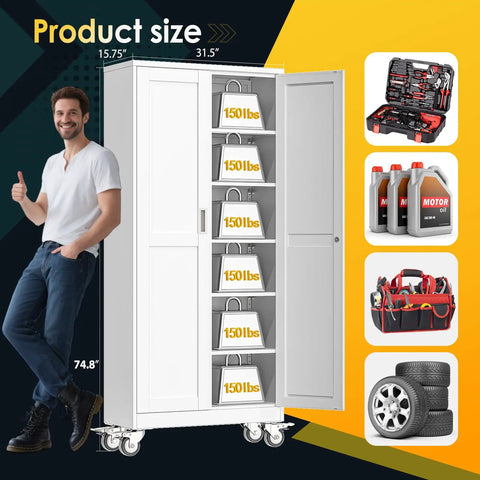 Heavy Duty 75 Inch Metal Garage Storage Cabinet On Wheels With Two Doors And Five Adjustable Shelves For Home Office Workshop And Warehouse White Easy Assembly displayed with open doors, showcasing storage capability and product dimensions.