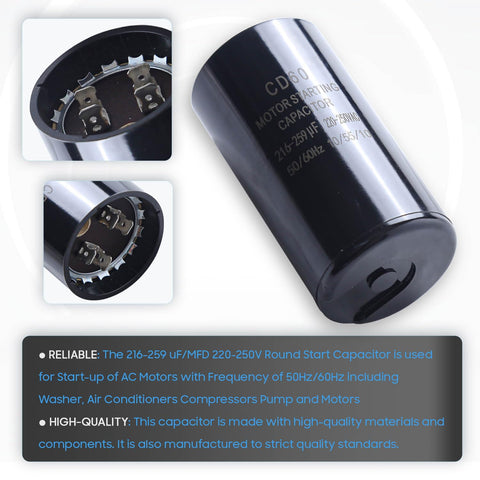 216-259 UF Round Motor Start Capacitor 220-250V AC for single-phase motors, angled view with connection terminals visible.