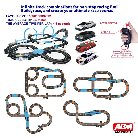 High Speed Slot Car Track Set With Dual Lanes, Four Officially Licensed Cars, Two Hand Controllers, Full Track Pieces, And Lap Counter