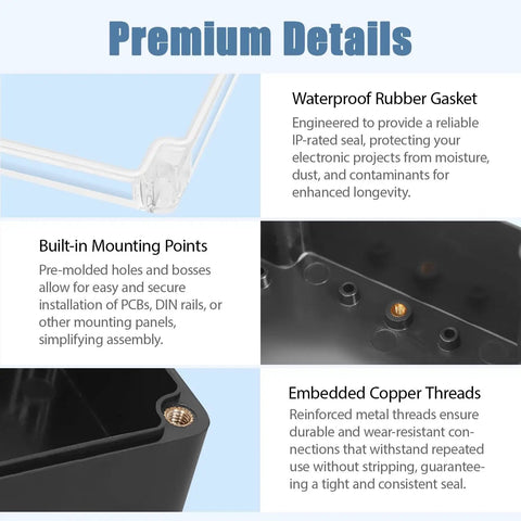 Premium details of Weatherproof Electrical Junction Box With Clear Cover IP65 Waterproof ABS Plastic Case features.