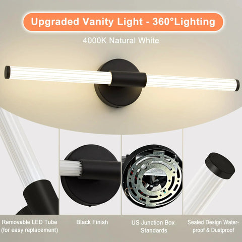 Dimmable LED Vanity Light Bar For Bathroom, 360 Degree Full Illumination Over Mirror Sconce, Black 24 Inch, 4000K Natural White