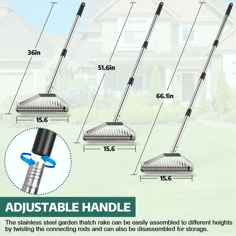 Lawn Dethatching Rake With 15.6 Inch Wide Head And 20 Curved Tines, Heavy Duty Stainless Steel, 66 Inch Adjustable Handle