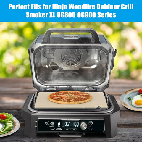 Pizza Stone With Grill Rack For Ninja Woodfire Outdoor Smoker XL OG800 OG900 Series with pizza inside grill showing setup