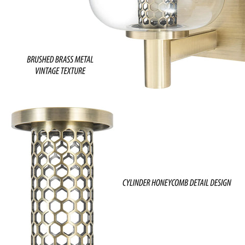 Detail of Vintage Refined Bathroom Vanity Light With Brushed Brass Finish, cylinder honeycomb and glass globe shade