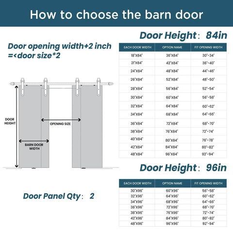 Diagram showing how to choose barn door size with table for 80 By 84 Inch Glass Barn Door Set With Sliding Hardware Kit 76-78 Inch Openings