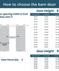 Diagram showing barn door measurements and options for door widths and heights. Includes 72 By 96 Inch White Barn Door With Sliding Hardware Kit For 68 To 70 Inch Wide Openings Space Saving Double Door Design For Bathrooms Kitchens Laundry Rooms Home Offices And Study Nooks Easy To Install Durable Build.