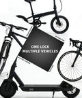 Heavy Duty 23.4 Inch Square Chain Bike And Scooter Lock With Key Copper Keys Nylon Cover ABS Body Zinc Alloy Core A3 Chrome Plated Steel Chain Polypropylene Sleeve Durable Anti Theft For Street Campus And Commuter Use, shown with bike and scooter use