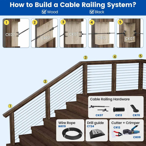 One Eighth Inch Black Cable Railing Hardware Kit With Swage Toggle Turnbuckle for Wood Posts installation on stairs.
