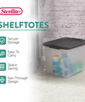 Heavy Duty Clear Plastic Storage Bins 50 Quart Stackable Totes With Secure Latches For Home Garage Organization 24 Pack in use with visible cleaning supplies.