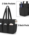 Black Boss Teacher Bag With Bottom Padded Pad And Foldable Cushion, large tote showing side and back pockets filled with items